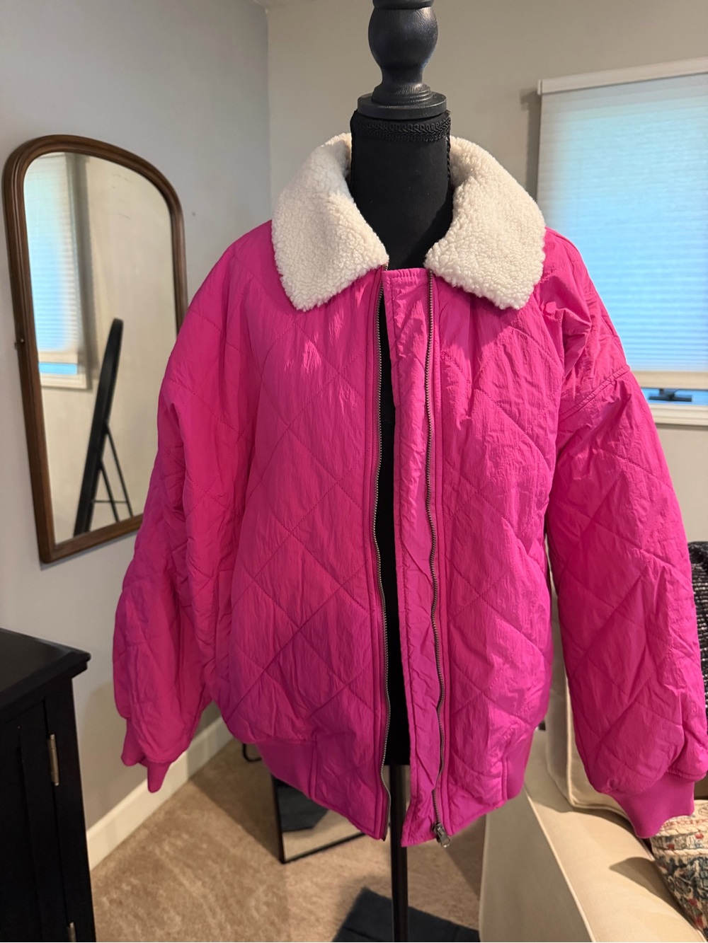 Nordstrom Hot Pink Quilted Jacket with Cream Sherpa Collar